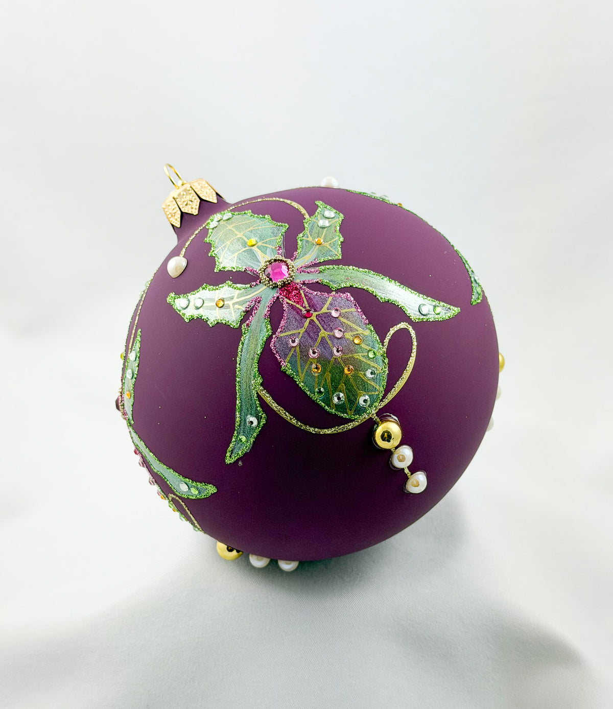 Kugel in Violett mit Frauenschuh Orchidee Dekoration, GlitterLab