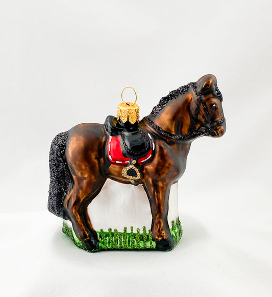 Dark brown horse with red saddlecloth