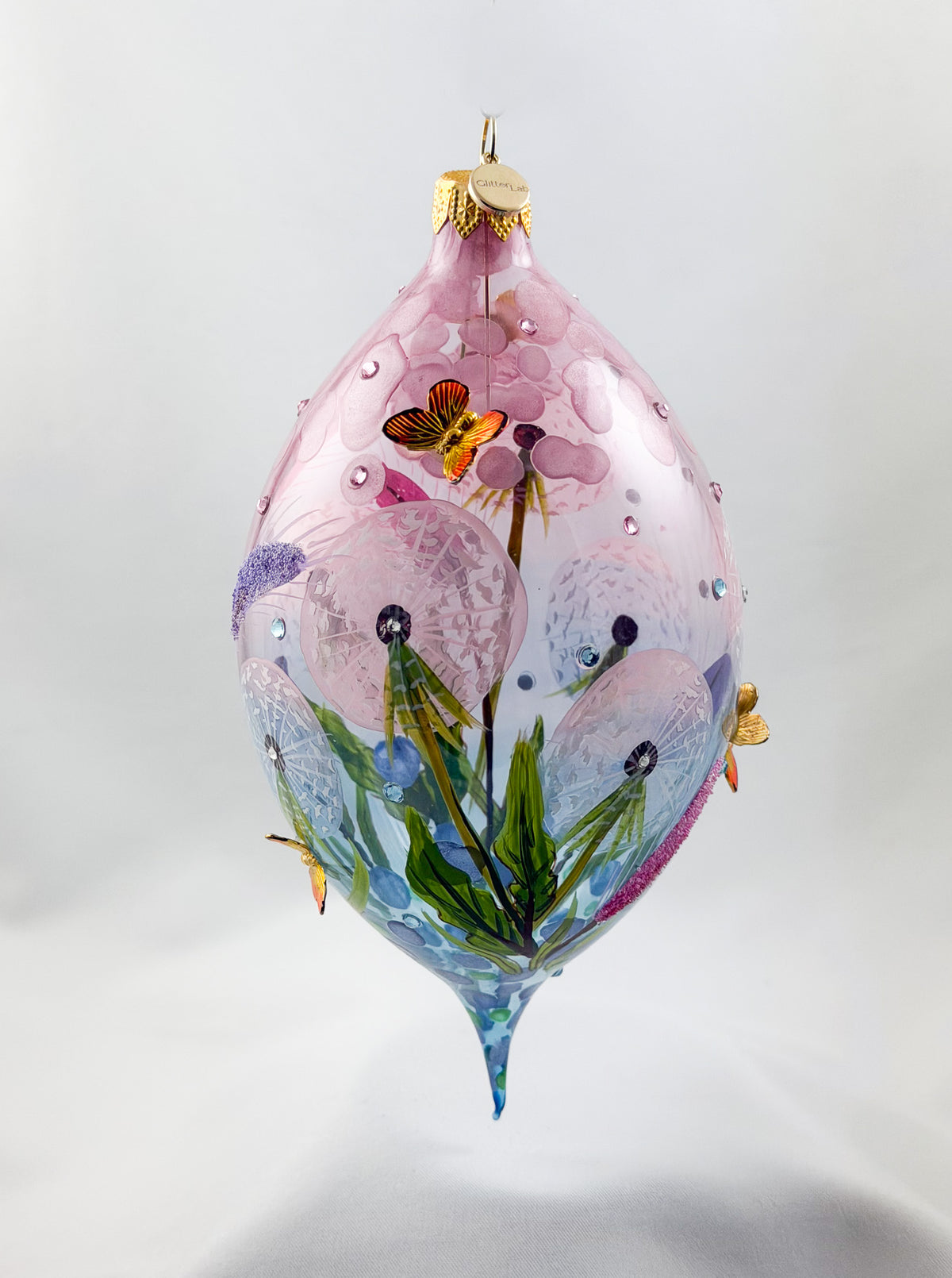 Grosse Tropfenform mit Pusteblumen, Löwenzahn-Blüten und Schmetterling Applikationen, GlitterLab
