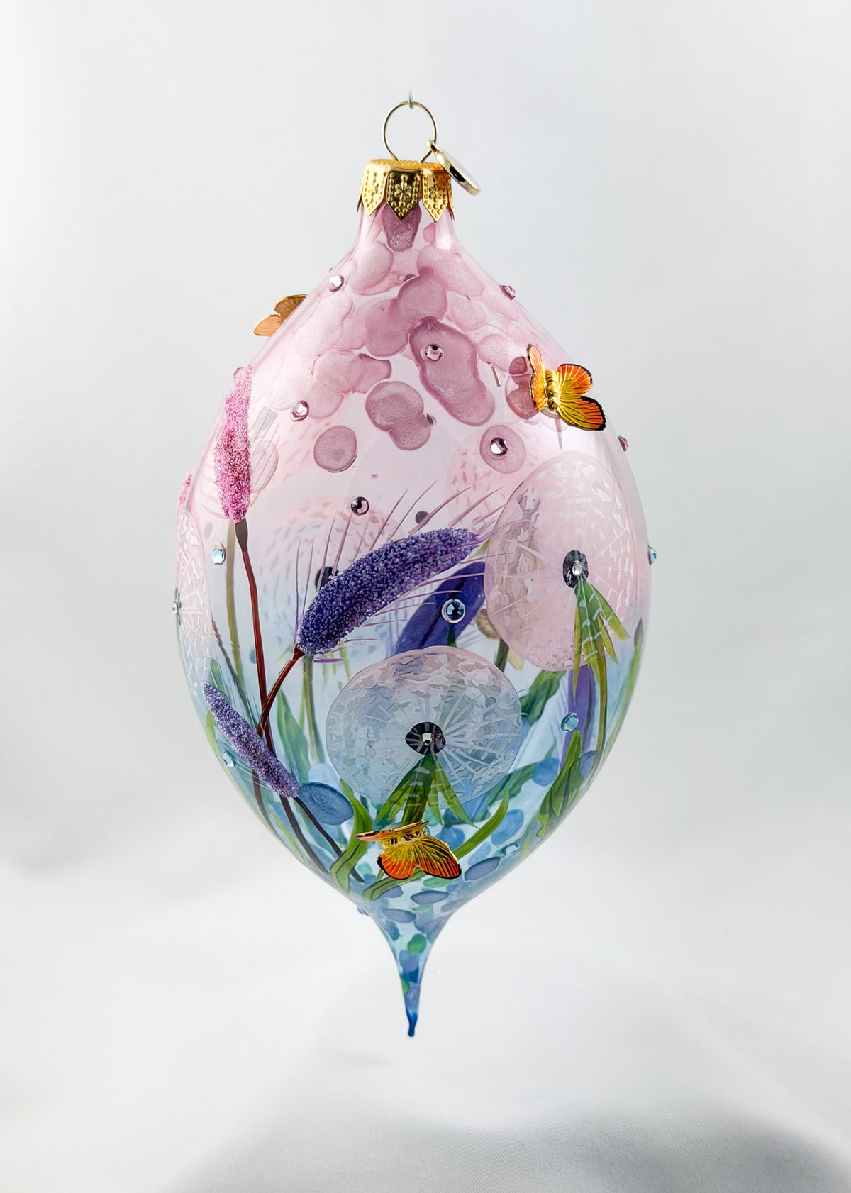 Grosse Tropfenform mit Pusteblumen, Löwenzahn-Blüten und Schmetterling Applikationen, GlitterLab