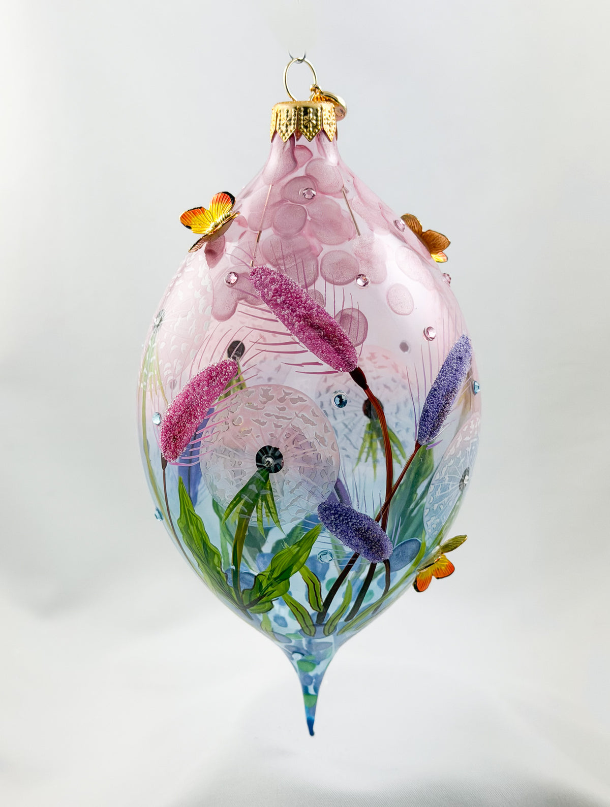 Grosse Tropfenform mit Pusteblumen, Löwenzahn-Blüten und Schmetterling Applikationen, GlitterLab