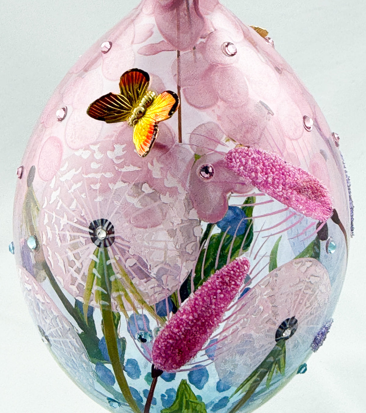 Grosse Tropfenform mit Pusteblumen, Löwenzahn-Blüten und Schmetterling Applikationen, GlitterLab