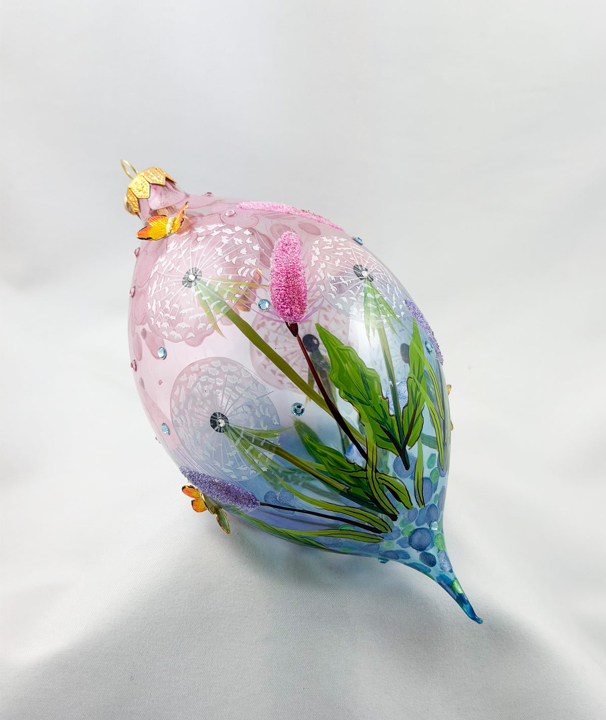 Grosse Tropfenform mit Pusteblumen, Löwenzahn-Blüten und Schmetterling Applikationen, GlitterLab