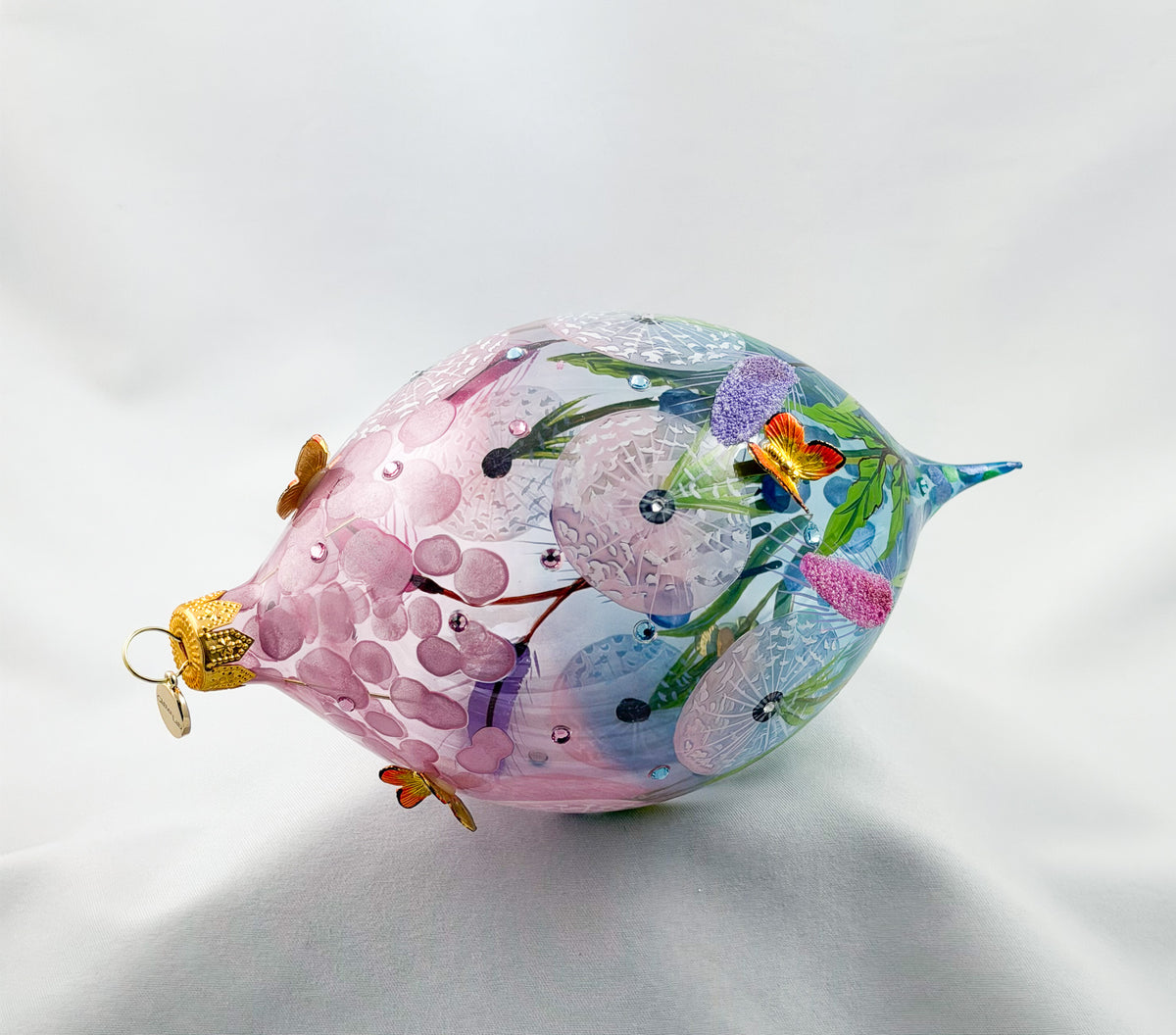 Grosse Tropfenform mit Pusteblumen, Löwenzahn-Blüten und Schmetterling Applikationen, GlitterLab