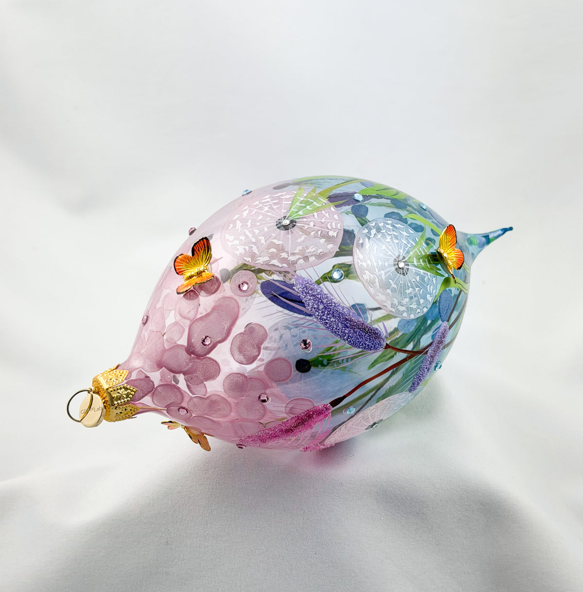 Grosse Tropfenform mit Pusteblumen, Löwenzahn-Blüten und Schmetterling Applikationen, GlitterLab