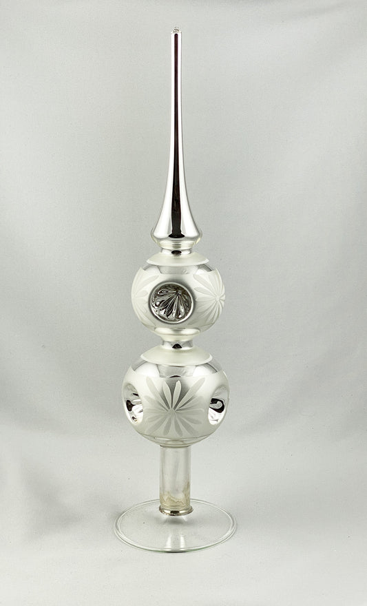 Baumspitze Silber, zwei Kugeln mit Reflex, mit weissem Blüten-Motiv