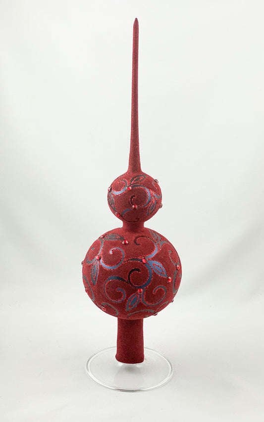 Velvety dark red Christmas tree topper with tendril motif