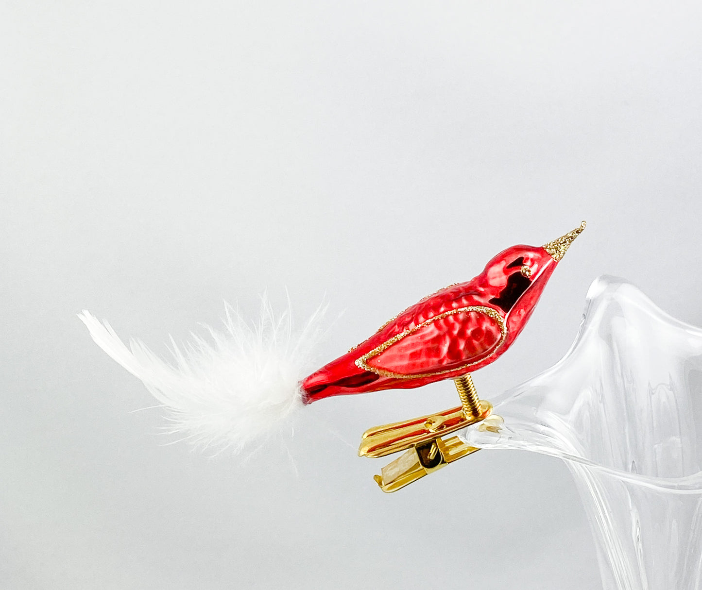 Small red bird with gold-framed wings