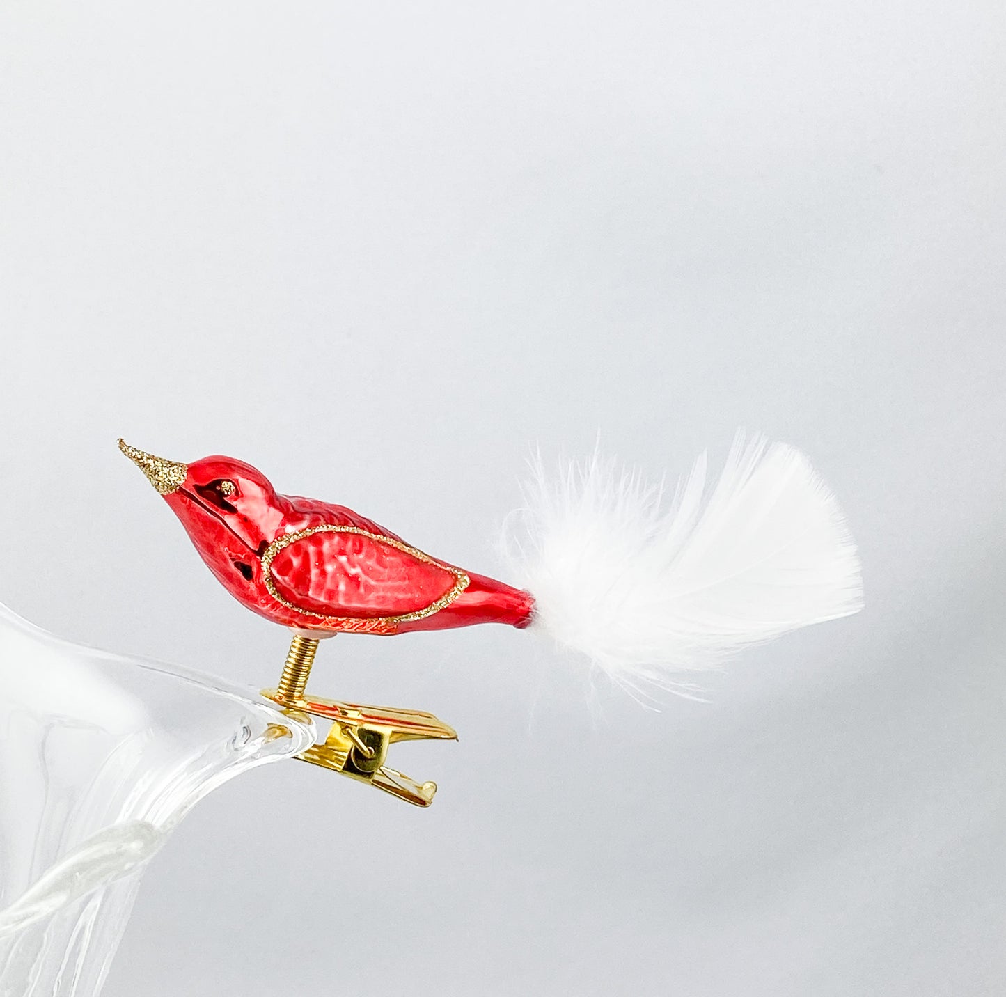 Small red bird with gold-framed wings