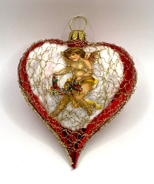 Rotes Herz mit Oblate " Engel mit Blumengirlande ", mit leonischem Draht umsponnen