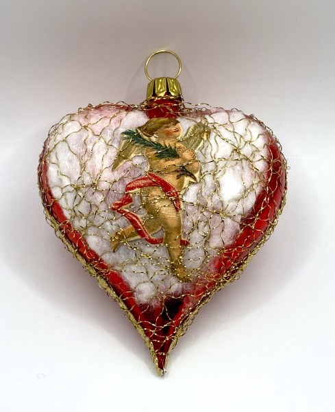 Rotes Herz mit Oblate " Engel mit Palmzweig", mit leonischem Draht umsponnen