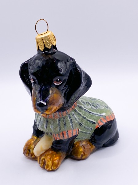 Schwarzer Dackel im grünen Mantel, Dachshund, KOMOZJA MOSTOWSKI