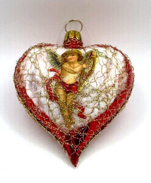 Rotes Herz mit Oblate " Engel mit Harfe ", mit leonischem Draht umsponnen
