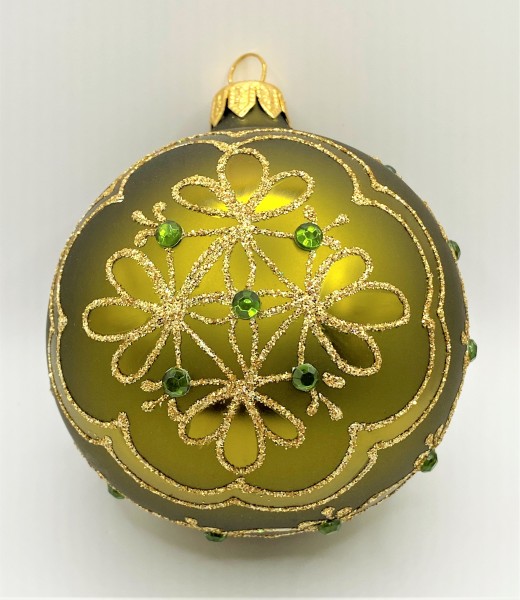 Kugel olivgrün matt, mit stilisiertem Blumendekor