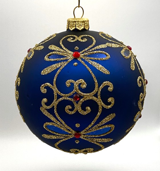 Kugel blau matt mit Golddekor und kleinen roten Steinen