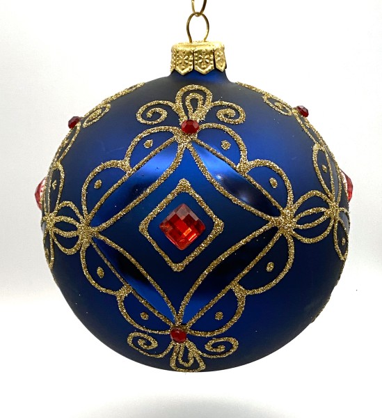 Kugel blau matt mit Golddekor, kleine und grosse rote Steine