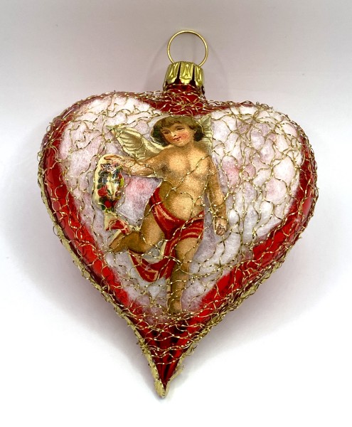 Rotes Herz mit Oblate " Engel mit Blumenkranz ", mit leonischem Draht umsponnen