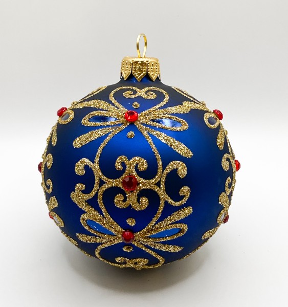 Kugel blau matt mit Golddekor und kleinen roten Steinen