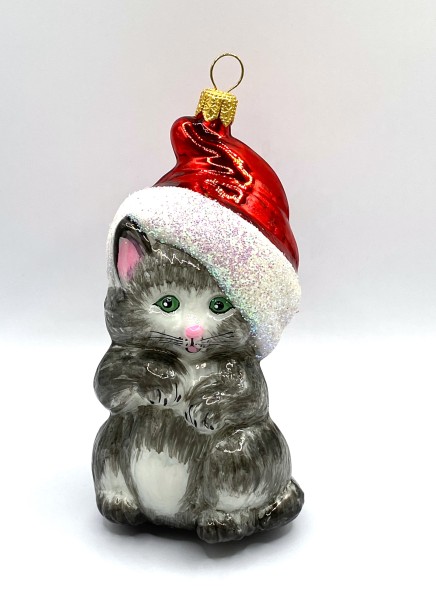 Graue Katze mit Weihnachtsmütze