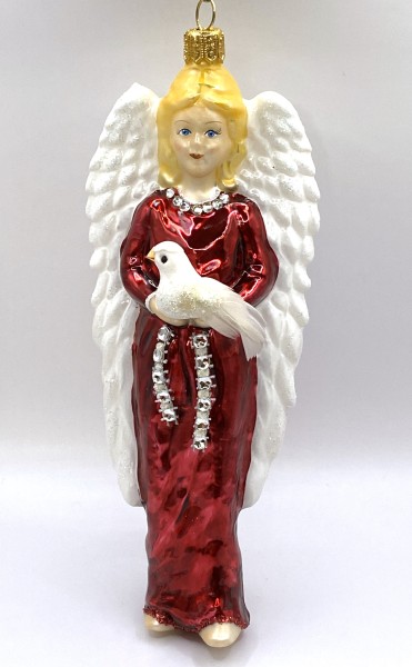 Engel im roten Kleid mit Friedenstaube