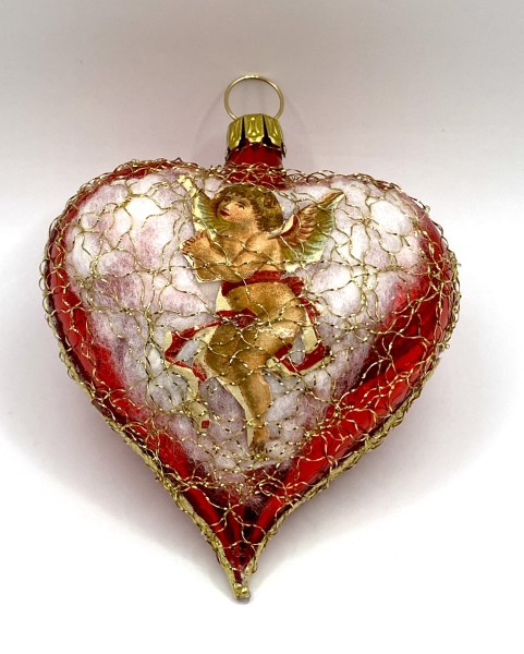 Rotes Herz mit Oblate " betender Engel ", mit leonischem Draht umsponnen