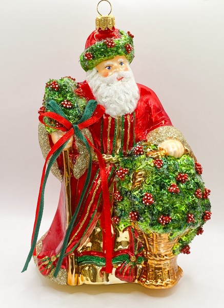 Der Weihnachtsmann bringt einen Korb voller Blumen