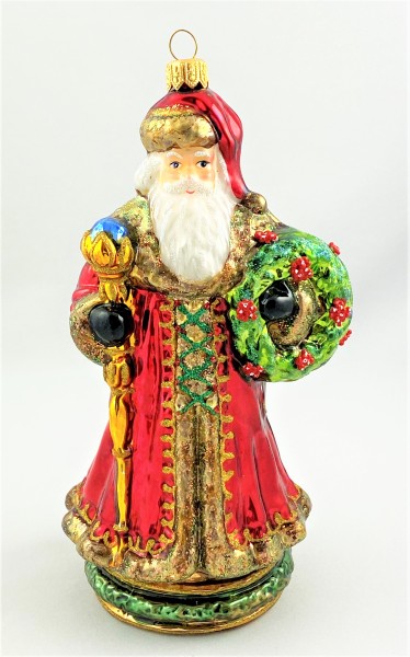 Nikolaus mit langer Mütze, Stab und grünem Kranz