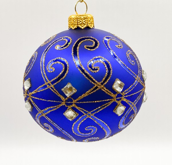 Blaue Kugel mit goldenem Rocaillen-Dekor und silbernen Schmucksteinen