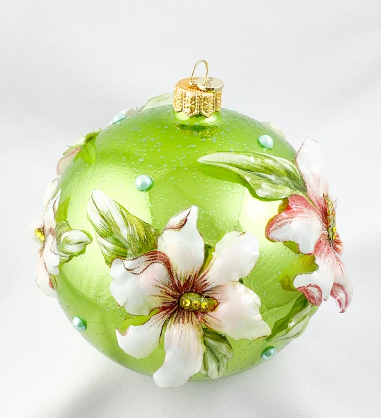 Kugel hellgrün mit Magnolien-Blüten Applikationen in Spezialfolie, GlitterLab