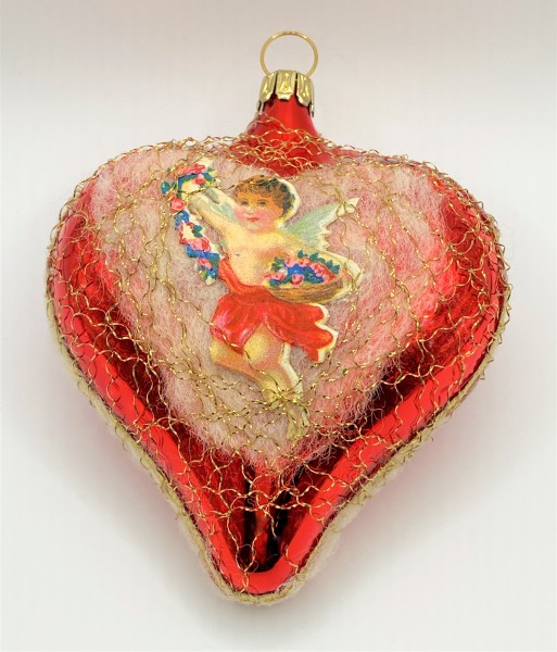 Herz glanz rot mit Blumen-Girlanden Engel aus Dresdner Papier, mit leonischem Draht umsponnen