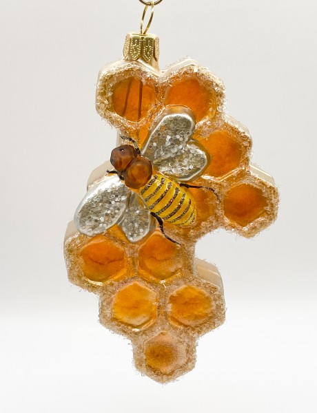 Die Biene krabbelt auf der Bienenwabe, transparent