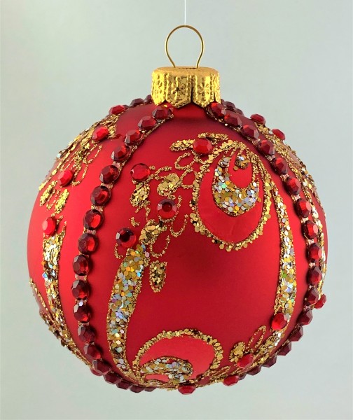 Kugel rot mit 4 roten Streifen Ziersteinen und Gold-Dekor