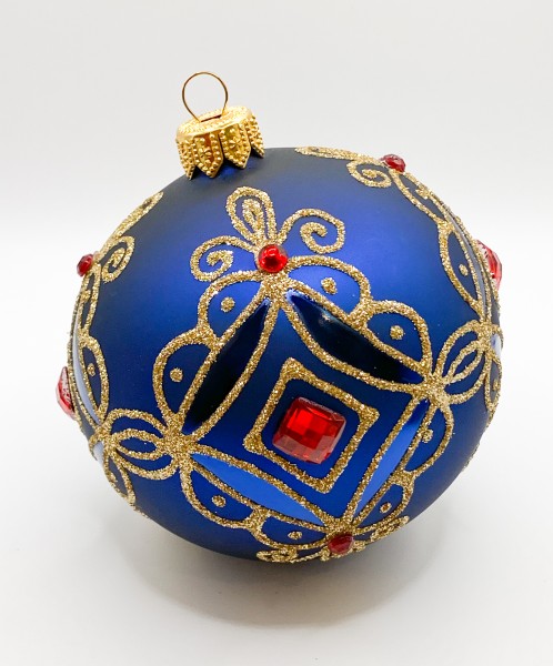 Kugel blau matt mit Golddekor, kleine und grosse rote Steine
